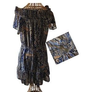 Lulu's Summer Dress Off the Shoulder Multicolor Gold Shiny Seams Lined Large NEW